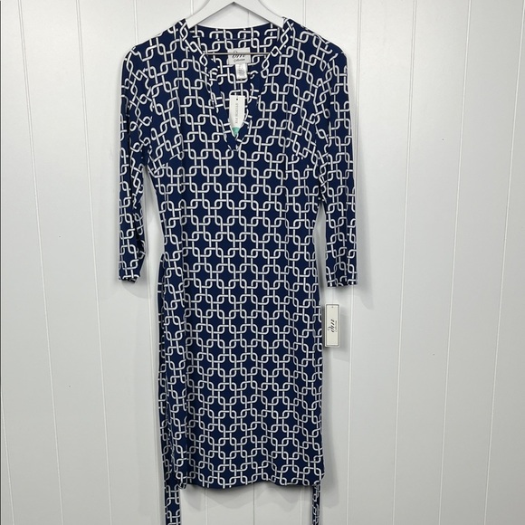 DM Donna Morgan Womens Dress 8 Navy White Jersey Shirt Dress Geo Pattern Belt - Picture 1 of 13